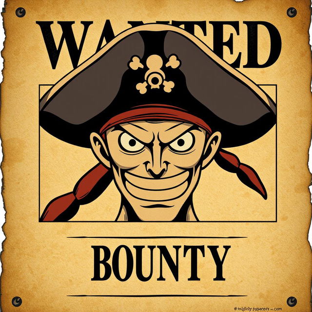 A wanted poster in the style of One Piece, featuring a pirate with a fierce expression, wearing a pirate hat, and with a bounty amount displayed prominently