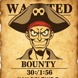 A wanted poster in the style of One Piece, featuring a pirate with a fierce expression, wearing a pirate hat, and with a bounty amount displayed prominently