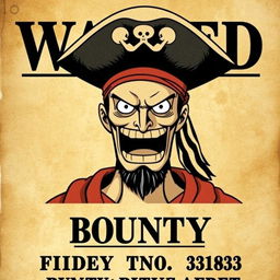 A wanted poster in the style of One Piece, featuring a pirate with a fierce expression, wearing a pirate hat, and with a bounty amount displayed prominently