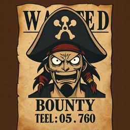 A wanted poster in the style of One Piece, featuring a pirate with a fierce expression, wearing a pirate hat, and with a bounty amount displayed prominently