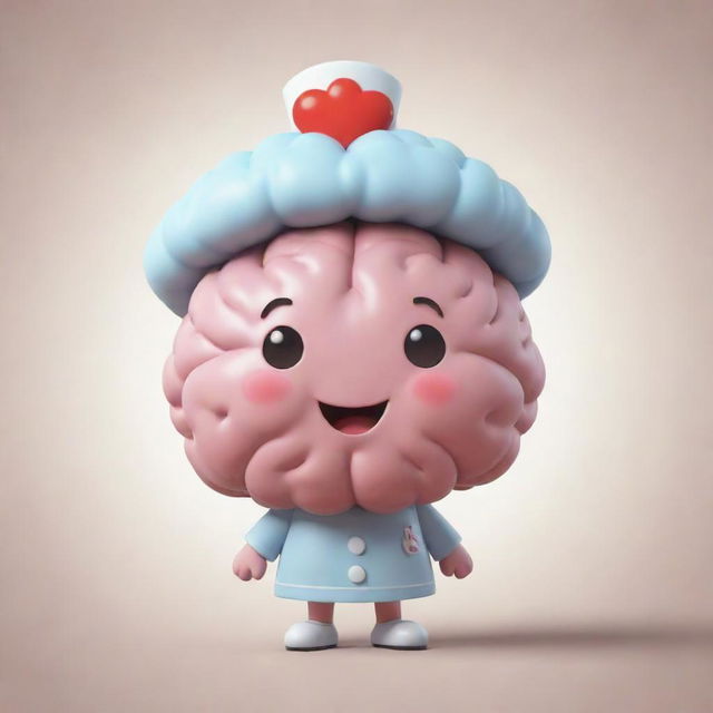 An endearing image of a cute brain character dressed in a traditional nurse's outfit, radiating an aura of kindness and compassion.