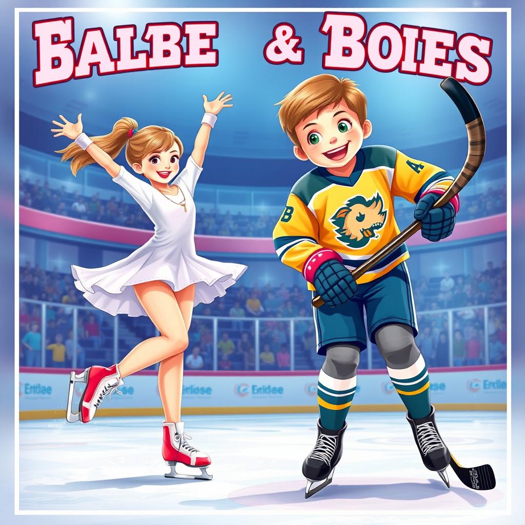 A vibrant poster featuring a figure skating girl and a hockey player boy