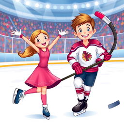 A vibrant poster featuring a figure skating girl and a hockey player boy