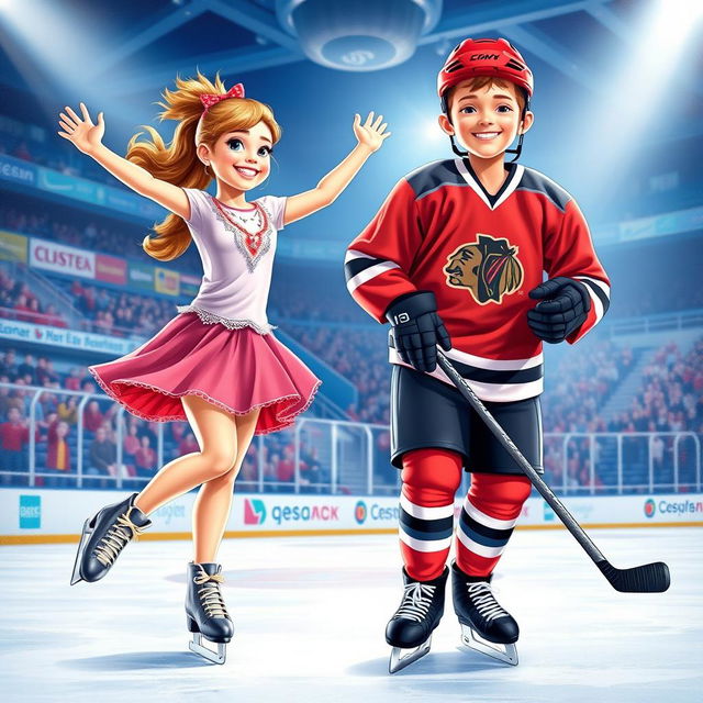 A vibrant poster featuring a figure skating girl and a hockey player boy