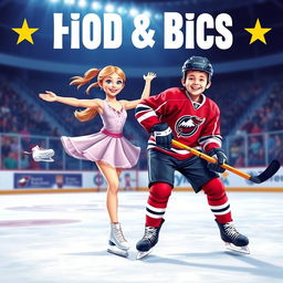 A vibrant poster featuring a figure skating girl and a hockey player boy