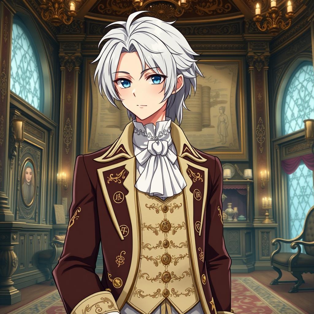 Create an anime character with silver hair, wearing the clothes of an aristocrat from the 18th century, but with a Tolkien-inspired twist