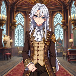 Create an anime character with silver hair, wearing the clothes of an aristocrat from the 18th century, but with a Tolkien-inspired twist