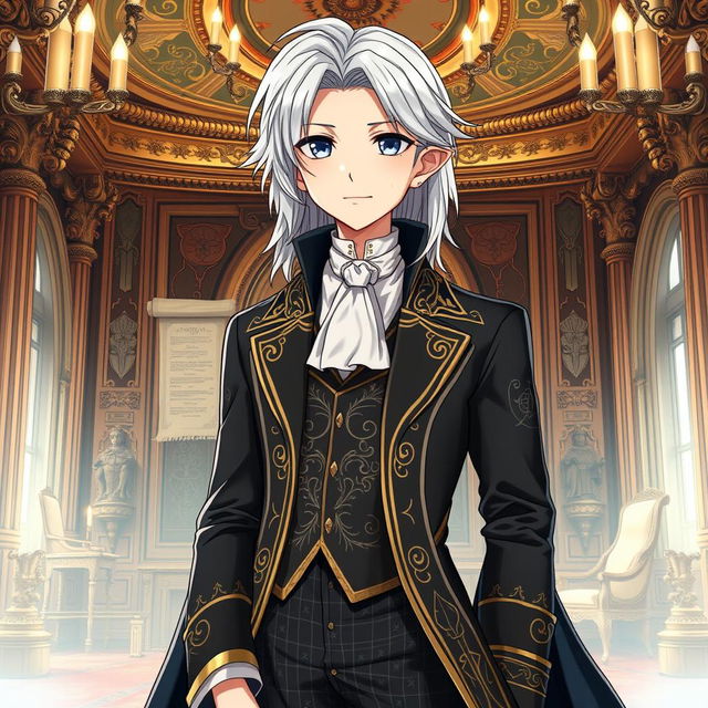 Create an anime character with silver hair, wearing the clothes of an aristocrat from the 18th century, but with a Tolkien-inspired twist