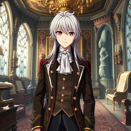 Create an anime character with silver hair, wearing the clothes of an aristocrat from the 18th century, but with a Tolkien-inspired twist