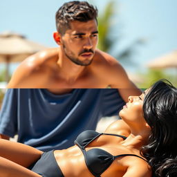 A young mixed-race man observing a beautiful Brazilian woman with black hair sunbathing