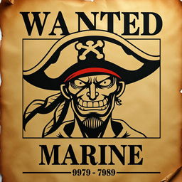 A wanted poster in the style of One Piece, featuring a pirate with a fierce expression, wearing a pirate hat, and with a bounty amount displayed prominently