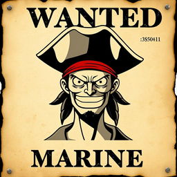 A wanted poster in the style of One Piece, featuring a pirate with a fierce expression, wearing a pirate hat, and with a bounty amount displayed prominently