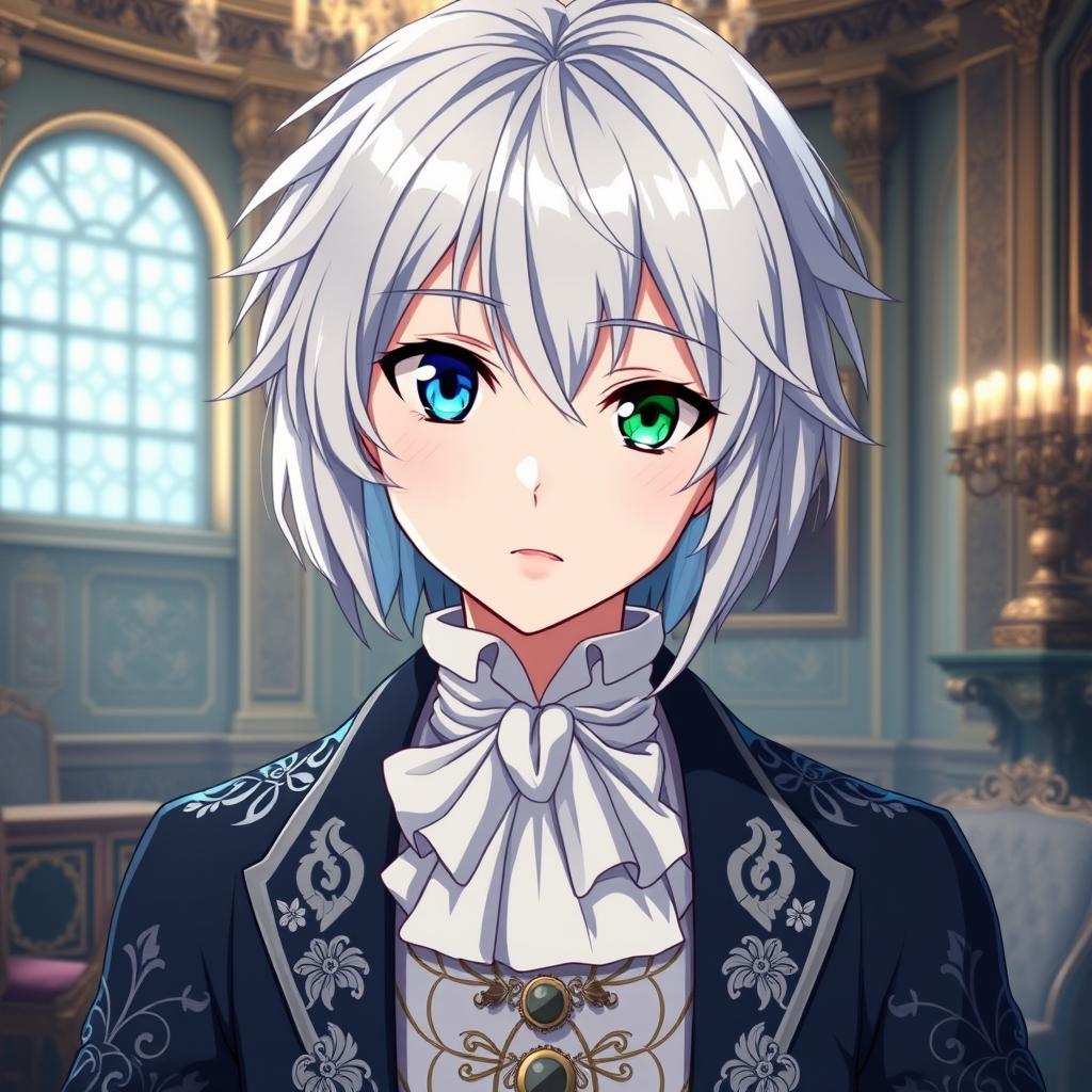 Create an anime character with silver hair and heterochromia, wearing the clothes of an aristocrat from the 18th century