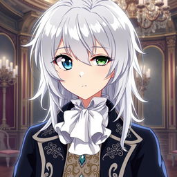 Create an anime character with silver hair and heterochromia, wearing the clothes of an aristocrat from the 18th century