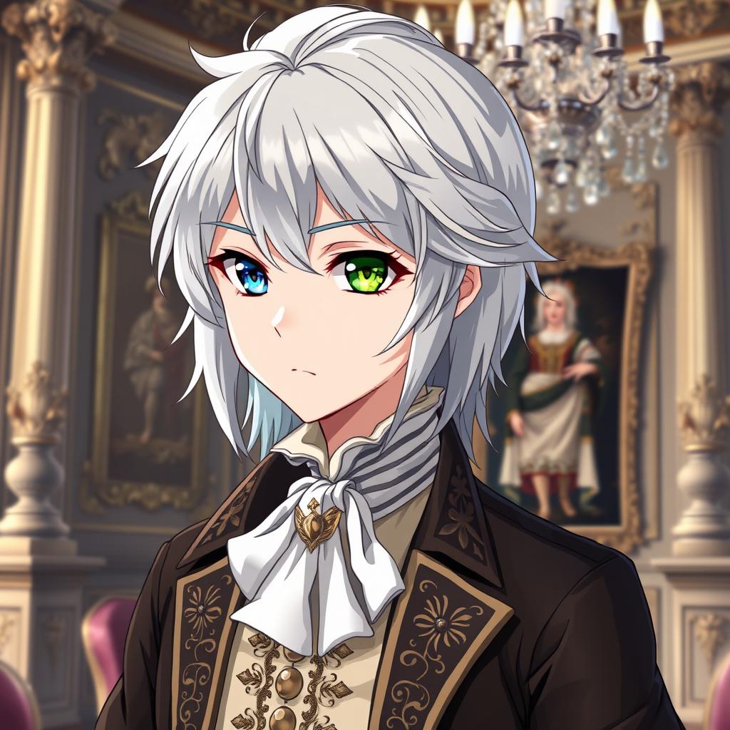 Create an anime character with silver hair and heterochromia, wearing the clothes of an aristocrat from the 18th century