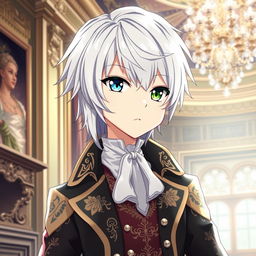 Create an anime character with silver hair and heterochromia, wearing the clothes of an aristocrat from the 18th century