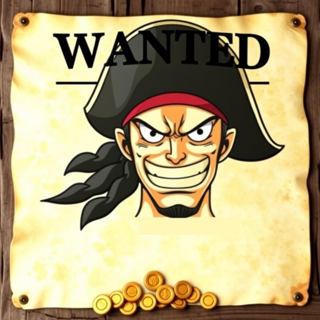 A wanted poster in the style of One Piece, featuring a pirate with a fierce expression, wearing a pirate hat