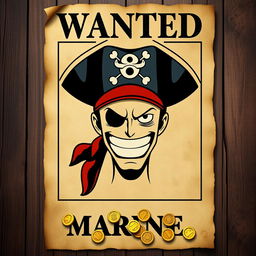 A wanted poster in the style of One Piece, featuring a pirate with a fierce expression, wearing a pirate hat