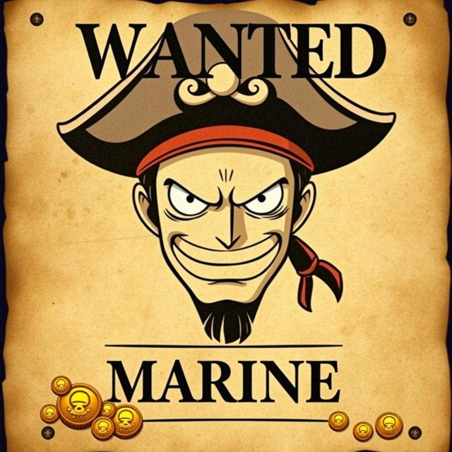 A wanted poster in the style of One Piece, featuring a pirate with a fierce expression, wearing a pirate hat