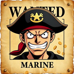 A wanted poster in the style of One Piece, featuring a pirate with a fierce expression, wearing a pirate hat