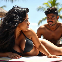 A young mixed-race man observing a beautiful Brazilian woman with black hair and voluptuous curves sunbathing while lying on her stomach, wearing a small black bikini