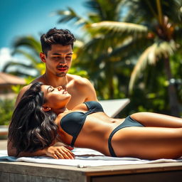 A young mixed-race man observing a beautiful Brazilian woman with black hair and voluptuous curves sunbathing while lying on her stomach, wearing a small black bikini