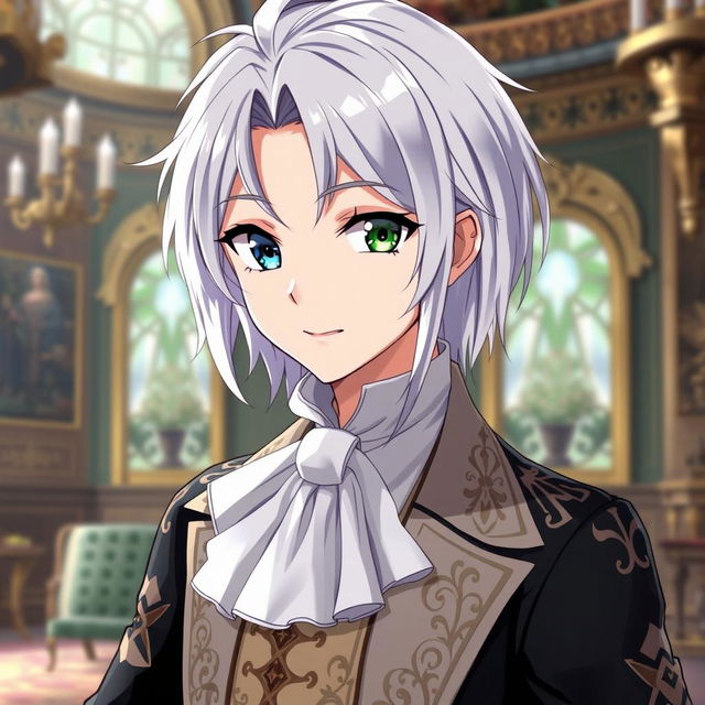 Create an anime character, aged 25, with silver hair and heterochromia, wearing the clothes of an aristocrat from the 18th century