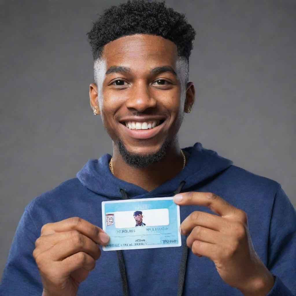 Rapper Yeat holding up a 19 dollar Fortnite card with a satisfying smile on his face. Yeat is presented in his typical hip-hop style, with Fortnite card clearly visible in his hand.