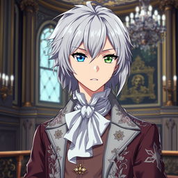 Create an anime character, aged 25, with silver hair and heterochromia, wearing the clothes of an aristocrat from the 18th century