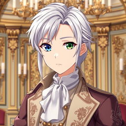 Create an anime character, aged 25, with silver hair and heterochromia, wearing the clothes of an aristocrat from the 18th century