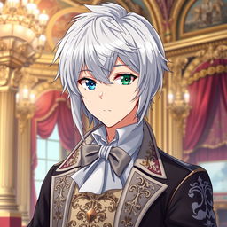 Create an anime character, aged 25, with silver hair and heterochromia, wearing the clothes of an aristocrat from the 18th century