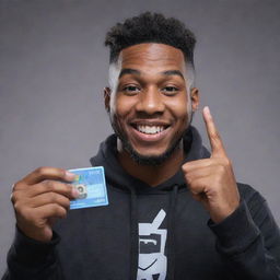 Rapper Yeat holding up a 19 dollar Fortnite card with a satisfying smile on his face. Yeat is presented in his typical hip-hop style, with Fortnite card clearly visible in his hand.