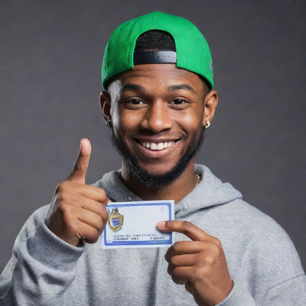 Rapper Yeat holding up a 19 dollar Fortnite card with a satisfying smile on his face. Yeat is presented in his typical hip-hop style, with Fortnite card clearly visible in his hand.
