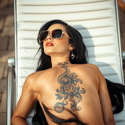 A striking woman sunbathing while lying on her stomach on a tanning chair, wearing aviator sunglasses