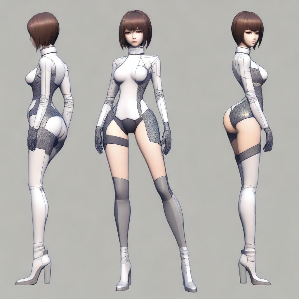 Create an image of a female character inspired by Kenichi Tachibana's style, resembling Michelle K