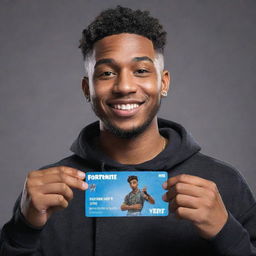 Rapper Yeat holding up a 19 dollar Fortnite card with a satisfying smile on his face. Yeat is presented in his typical hip-hop style, with Fortnite card clearly visible in his hand.