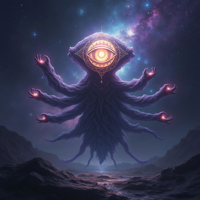 A powerful entity named Godeye with a single glowing eye, surrounded by ancient symbols in a dark, cosmic landscape with swirling galaxies and nebulae