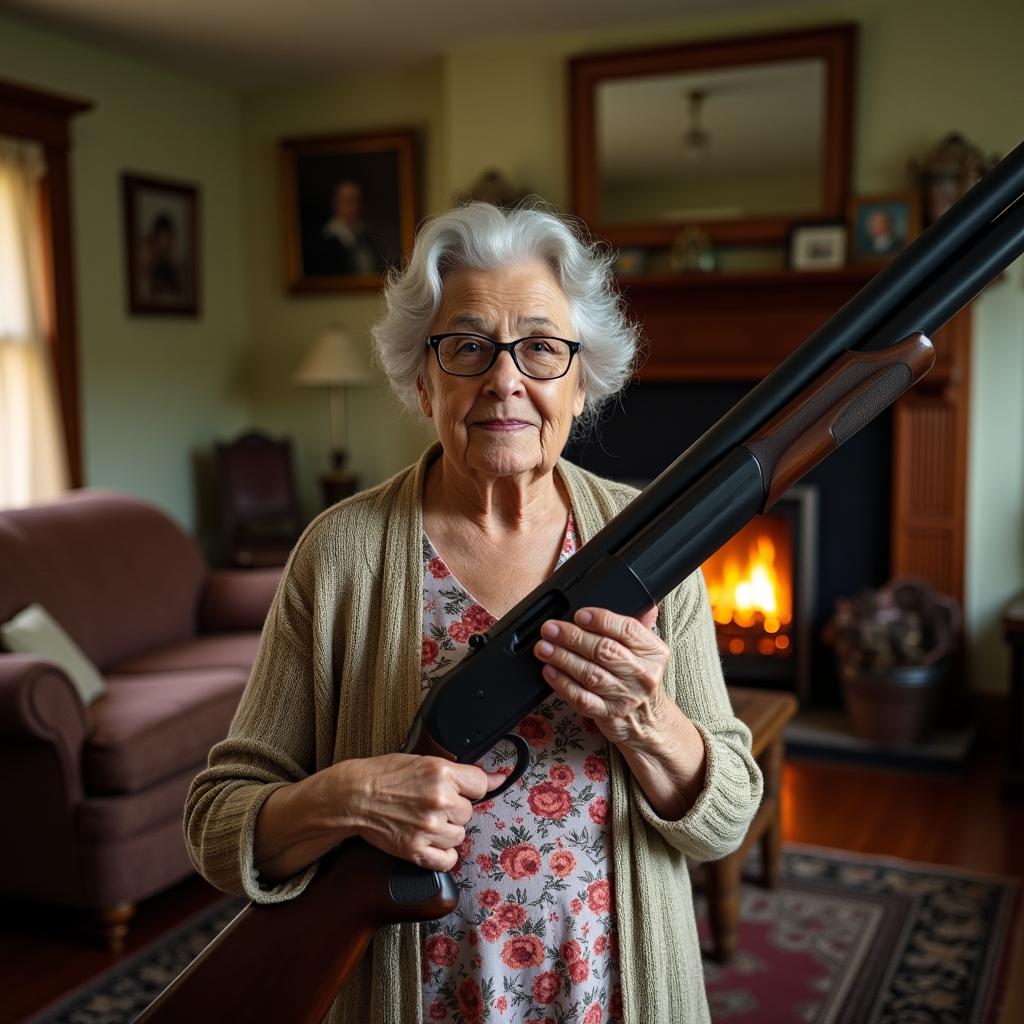 An elderly woman in a floral dress and knitted shawl holds a double-barrel shotgun in a cozy, vintage living room