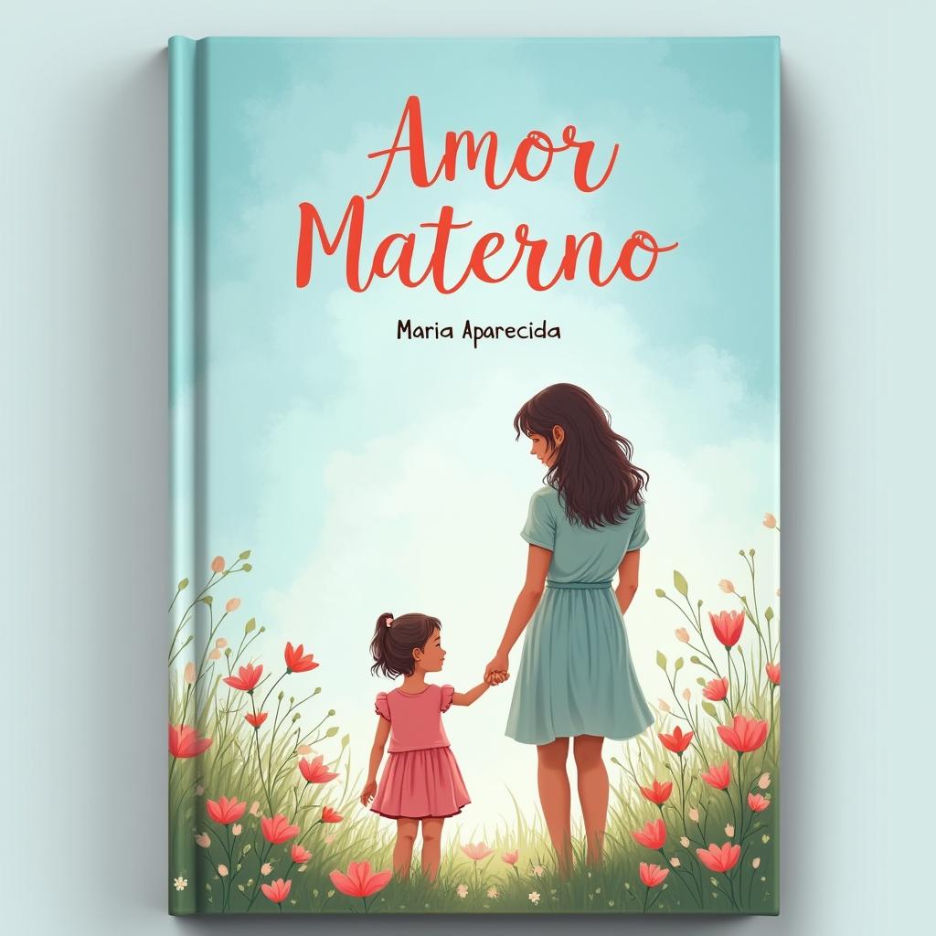 Create a book cover for 'Amor Materno' featuring a mother holding her child's hand in a flower-filled setting with blue or pink colors