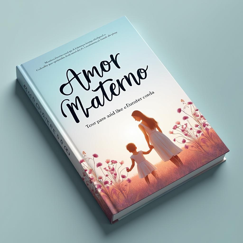 A book cover for 'Amor Materno', featuring a mother holding her child's hand in a flower-filled setting