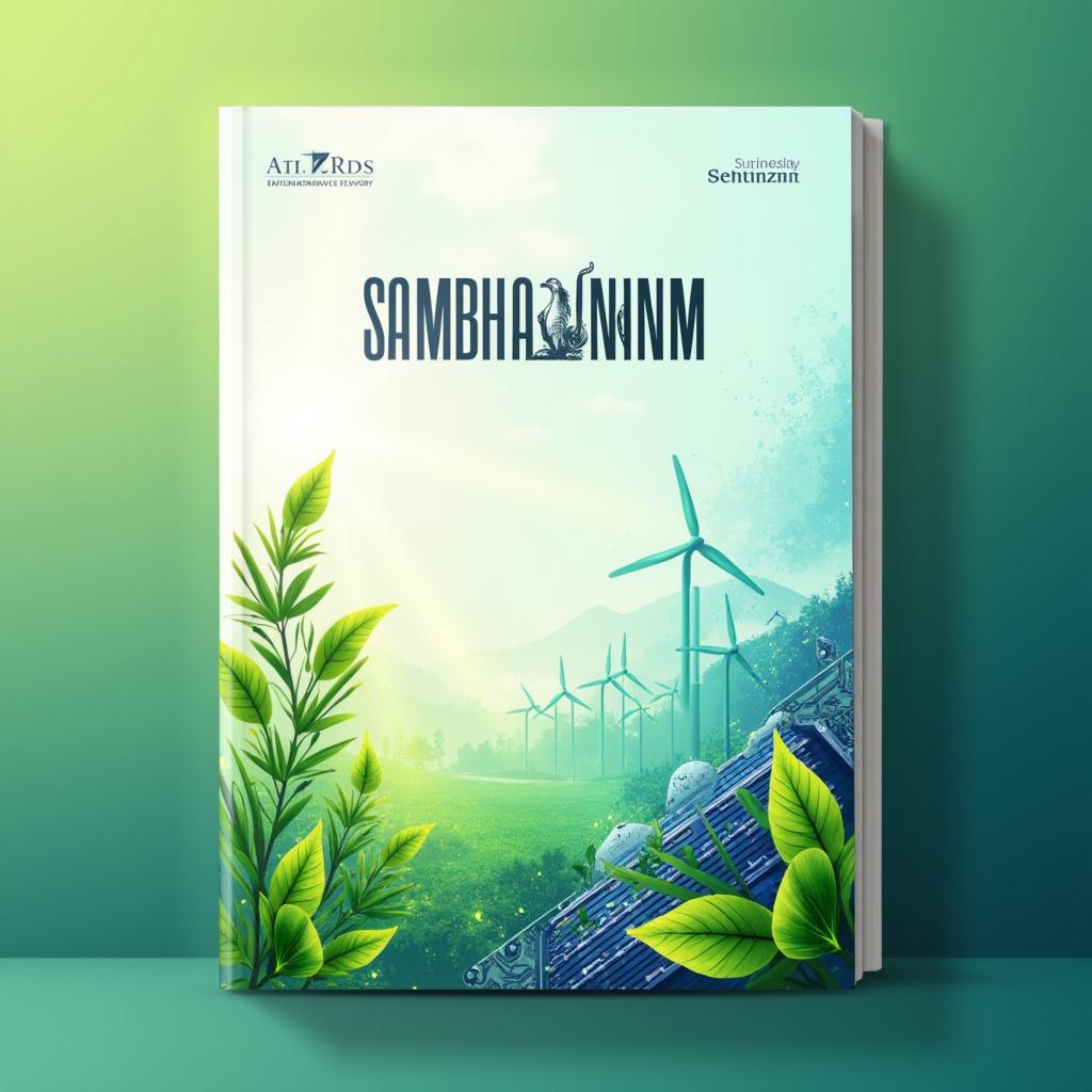 Create a cover page with the title 'SAMBHASHANAM' and the theme 'SUSTAINABILITY AND TECHNOLOGY', featuring elements like green leaves, solar panels, wind turbines, and digital circuits in a modern and clean design