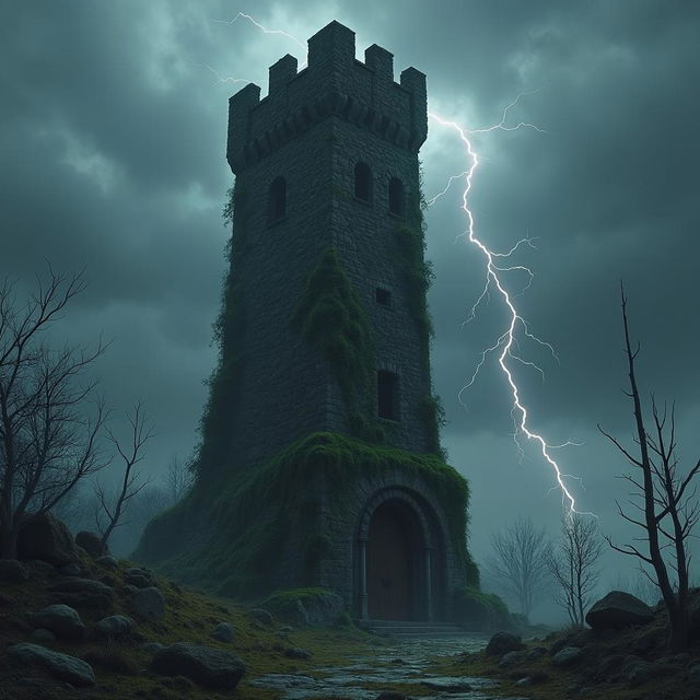 A dark, gothic tower stands against a stormy sky, surrounded by a desolate landscape