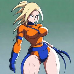 Inspired by 90s anime, create an image of a Saiyan woman who exudes warrior spirit and femininity