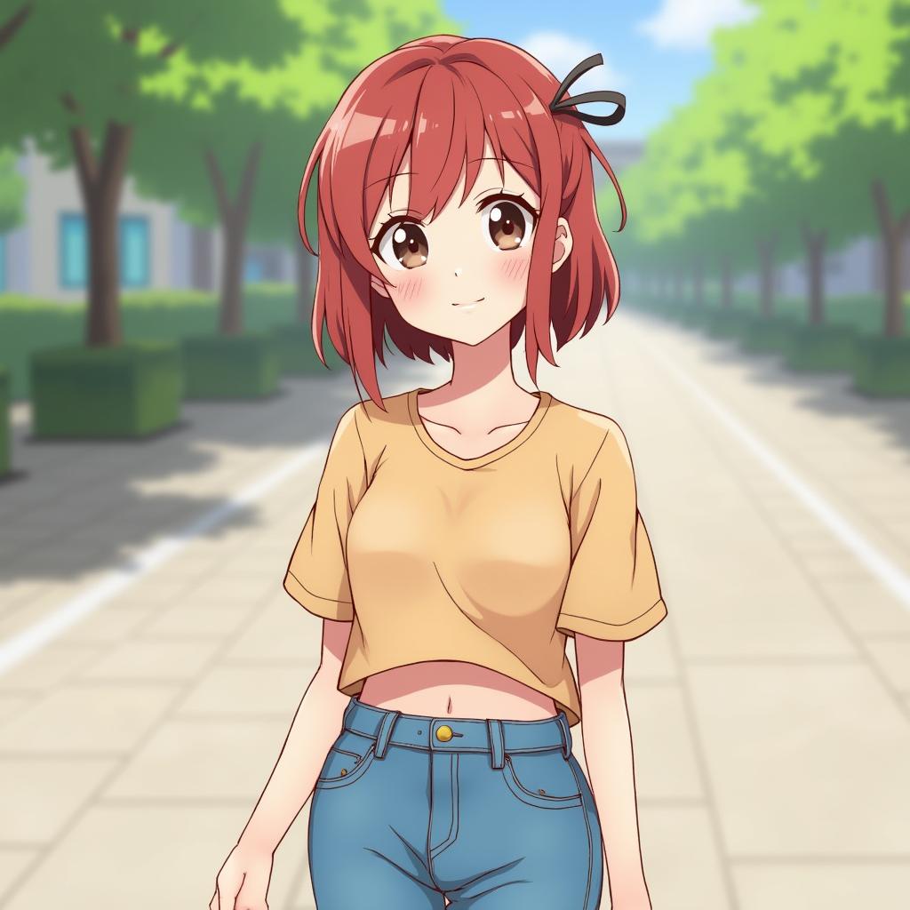 Anime-style illustration of a young girl with short, reddish-brown streaked hair, brown eyes, wearing a top and jeans in a casual setting