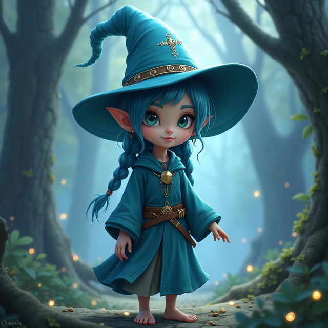 An image of Roxy, a young woman from the Migurd race, with pale skin, long blue hair and eyes, wearing a mage's hat and robes