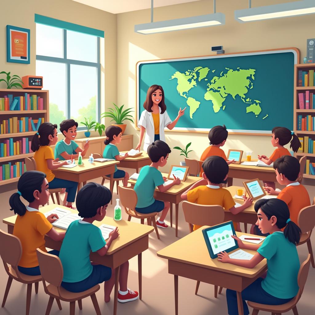 A vibrant and engaging modern classroom scene with diverse students actively participating in various learning activities, equipped with the latest educational technology, and a friendly teacher guiding them