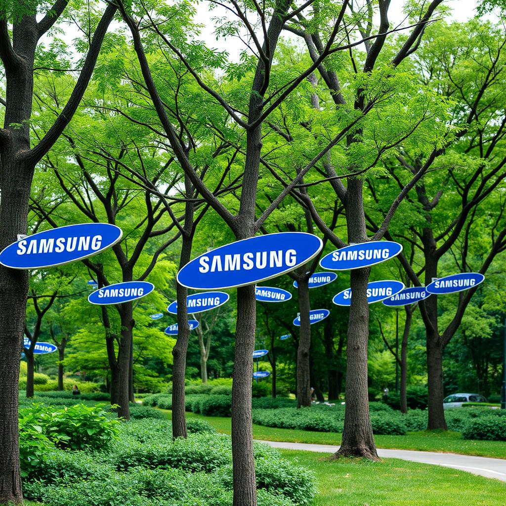 A park decorated with trees that have signs featuring the Samsung brand