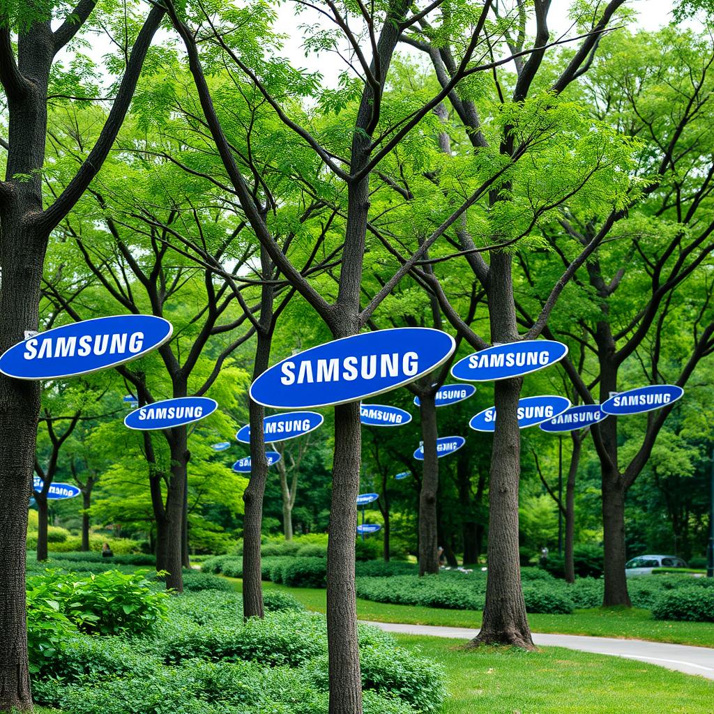 A park decorated with trees that have signs featuring the Samsung brand