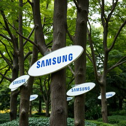 A park decorated with trees that have signs featuring the Samsung brand