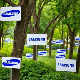 A park decorated with trees that have signs featuring the Samsung brand